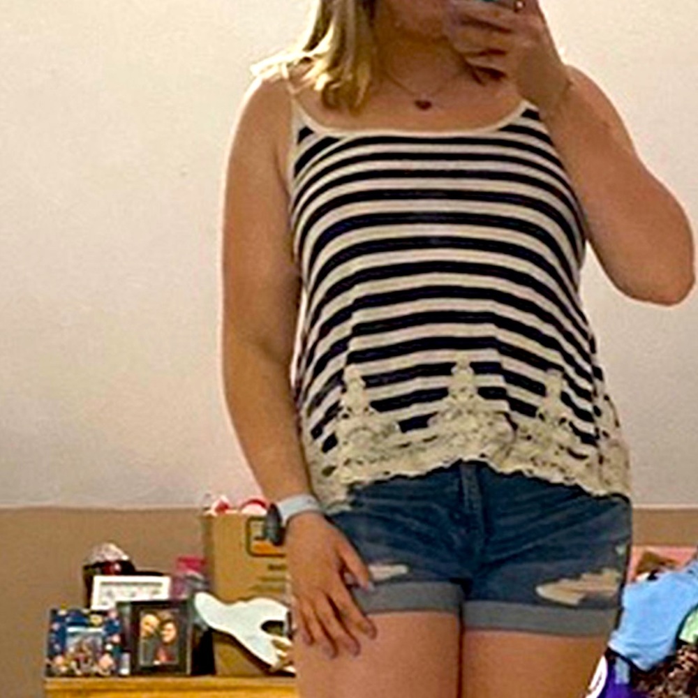 Navy & White Striped Flowy Tank Top